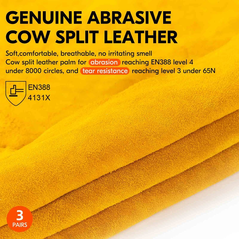 Vgo... 3-Pairs Unlined Cowhide Split Leather Work and Driver Gloves, for Heavy Duty, Truck Driving, Warehouse, Gardening, Farm (Size M, Gold, CB9501) - Image 2